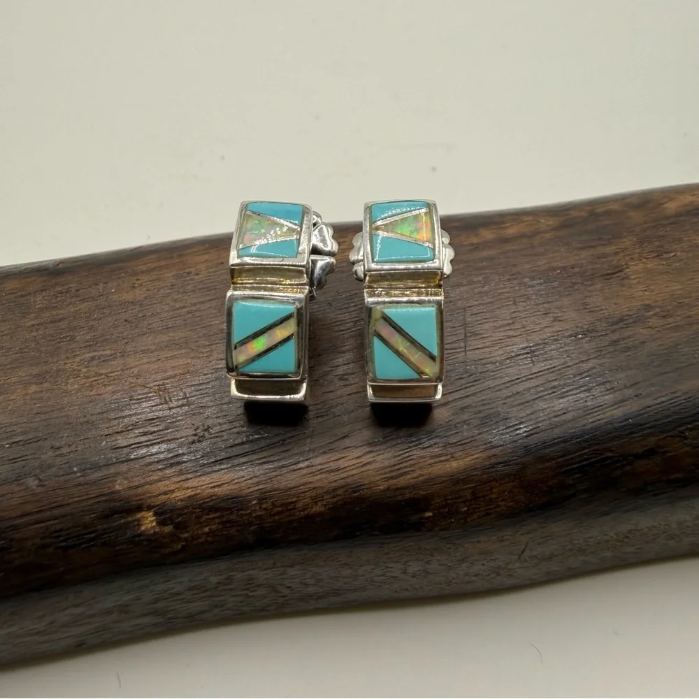 Sterling Silver Turquoise Opal Earrings Half Hoop Pierced‎ 925 Backing Square